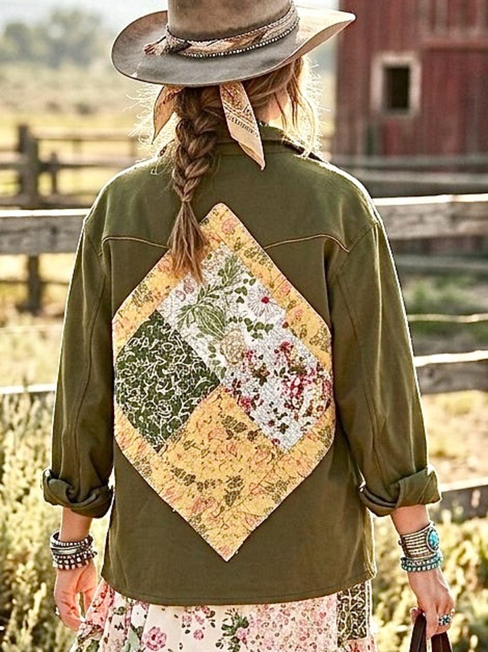 Artisan quilted patchwork floral back accent on boho jacket prairie cottage vibe